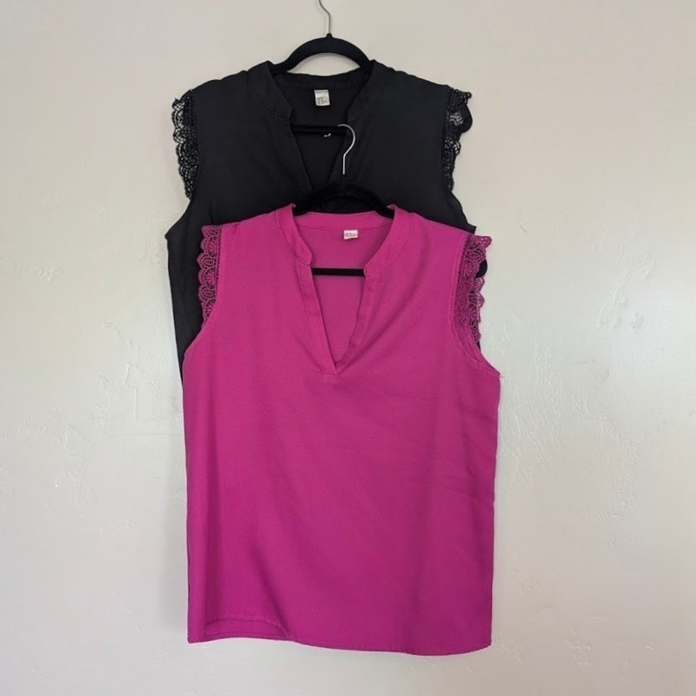 H&M Sleeveless Blouse 2-Pack Women M Pink Black Lace Trim Split V-Neck Chiffon